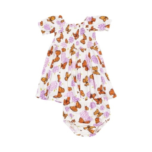 Angel Dear Monarch Butterflies And Milkweed Puff Sleeve Smocked Dress W/ Dc