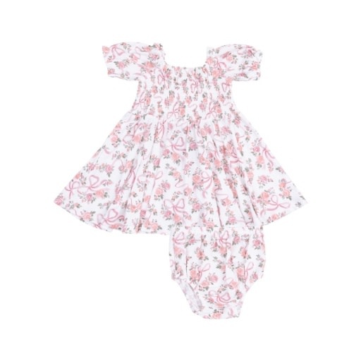 Angel Dear Ribbons and Flowers Puff Sleeve Smocked Dress