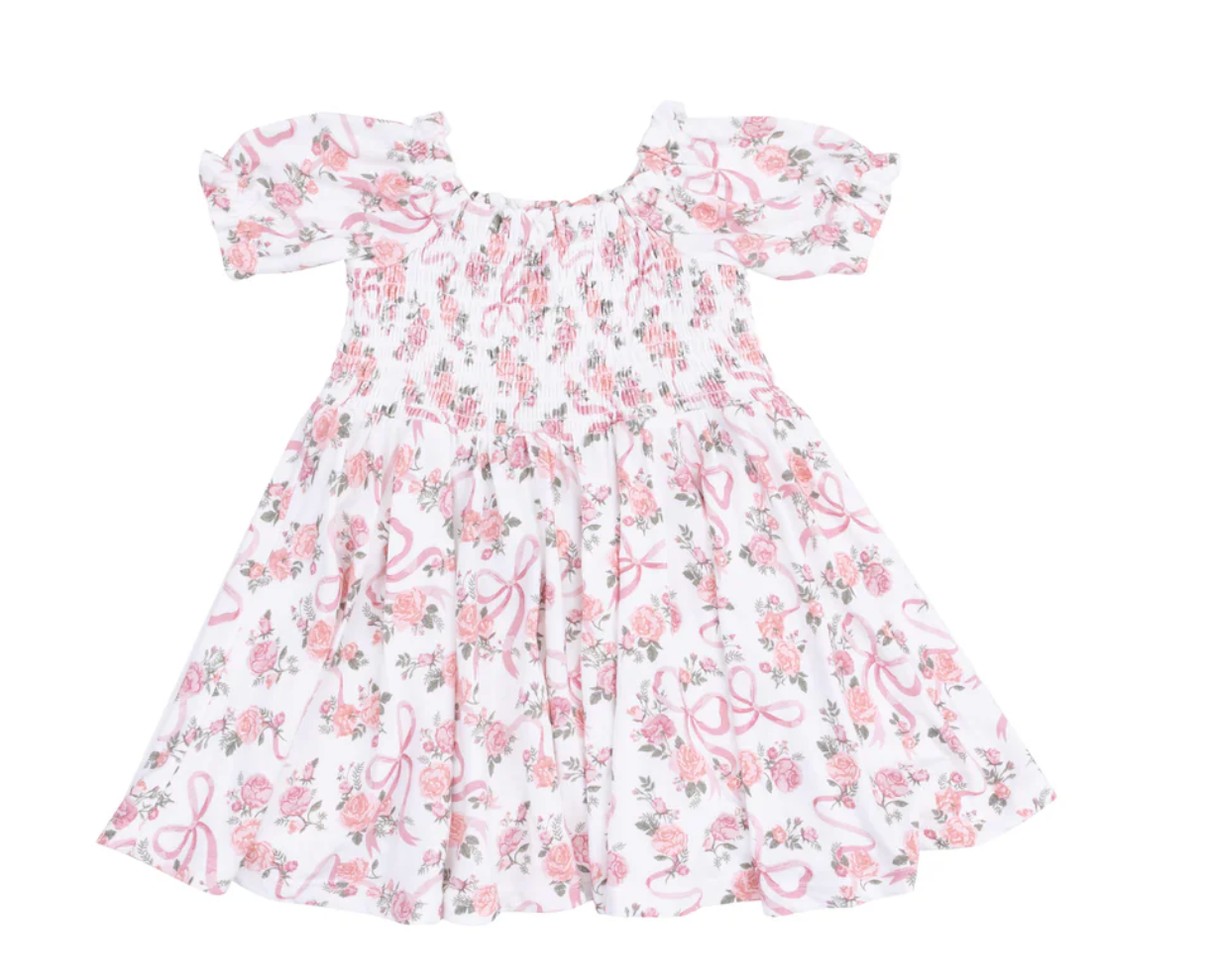 Angel Dear Ribbons and Flowers Puff Sleeve Smocked Dress