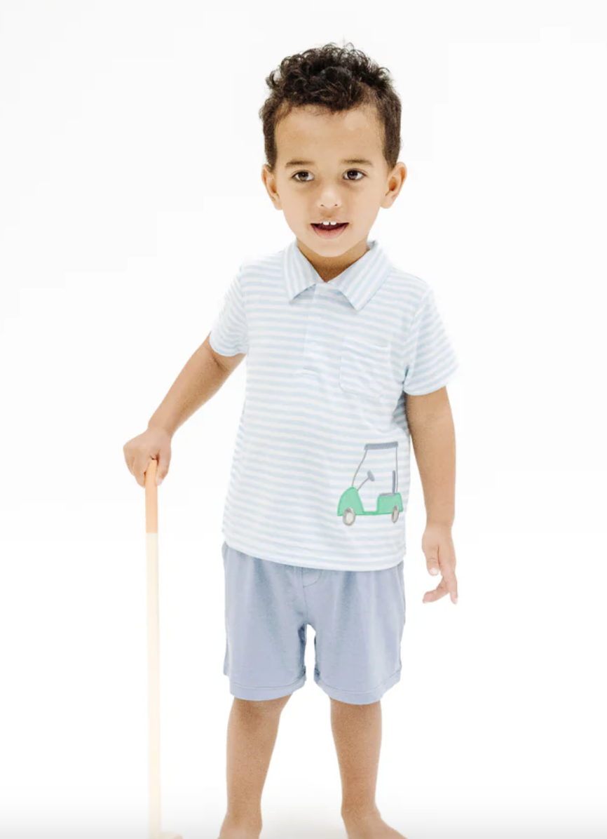 Angel Dear Golf Blue Stripe Applique Polo Shirt w/ Applique and Bamboo Short