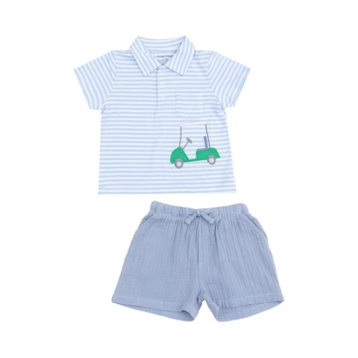 Angel Dear Golf Blue Stripe Applique Polo Shirt w/ Applique and Bamboo Short