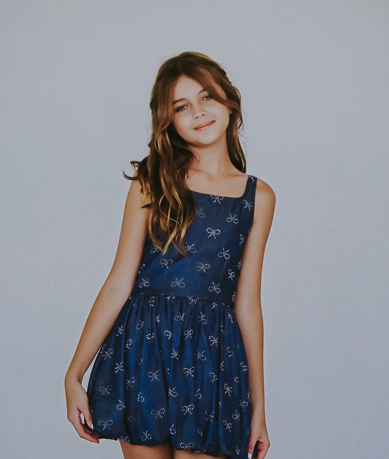 Flowers By Zoe DENIM CHAMBRAY Silver Hearts Dress