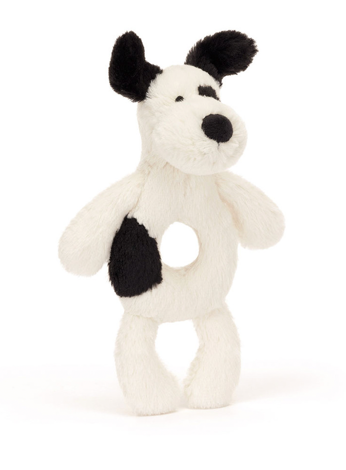 Jellycat Bashful Black & Cream Puppy Ring Rattle RR4BCP