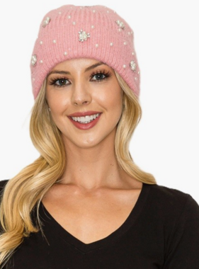 Joia Trading PINK Pearl Rhinestone Embellished Knit Beanie, Aht 91569