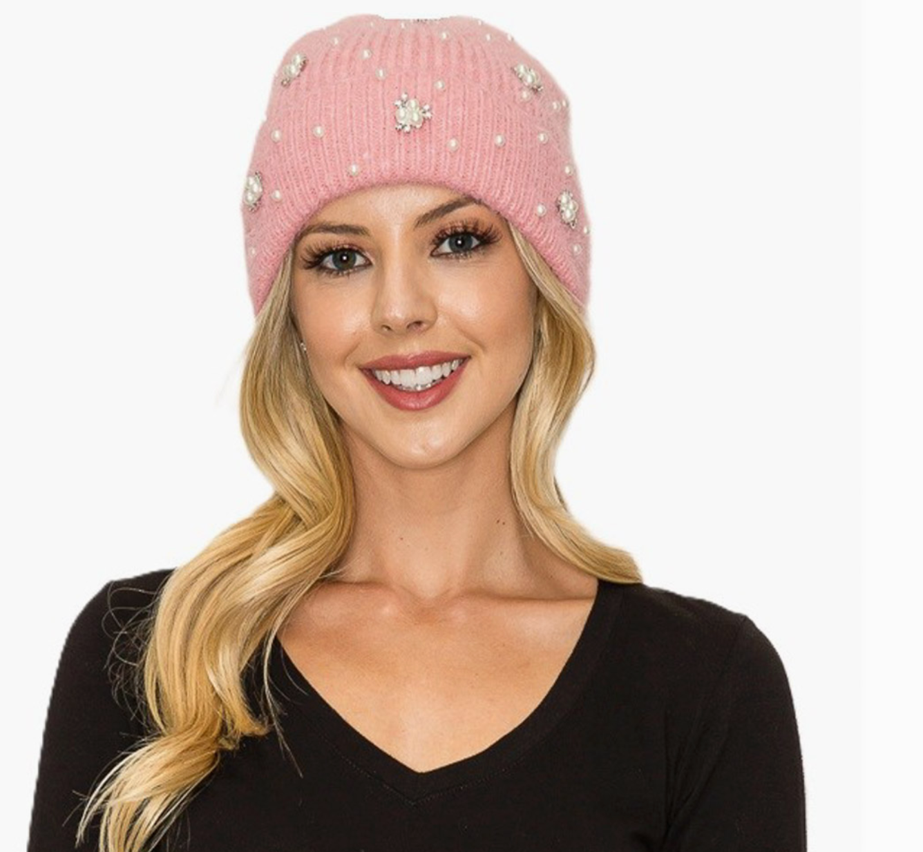 Joia Trading PINK Pearl Rhinestone Embellished Knit Beanie, Aht 91569