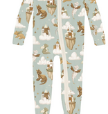 Kickee Pants Print Footie with 2 Way Zipper in Aloe Castles and Clouds