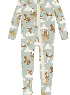 Kickee Pants Print Footie with 2 Way Zipper in Aloe Castles and Clouds
