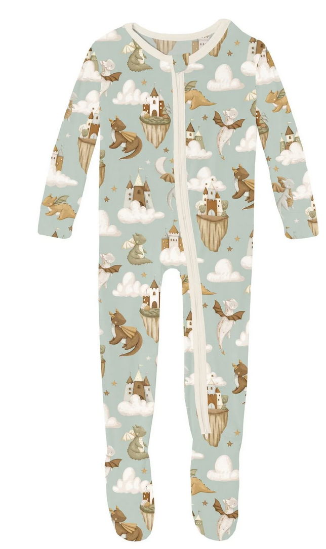 Kickee Pants Print Footie with 2 Way Zipper in Aloe Castles and Clouds