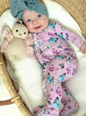 Lev Baby Julia Ruffle Zip Footie Butterflies