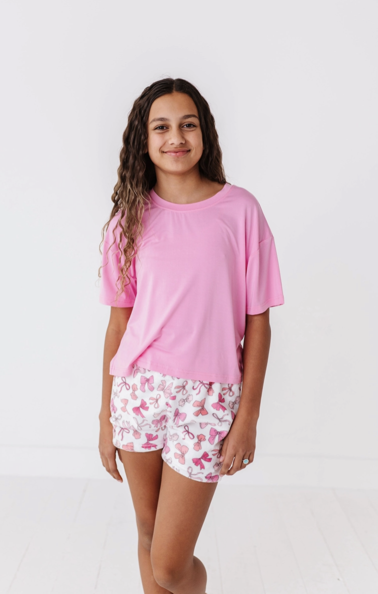 Macaron + Me Plush Shorts-Pink Bows