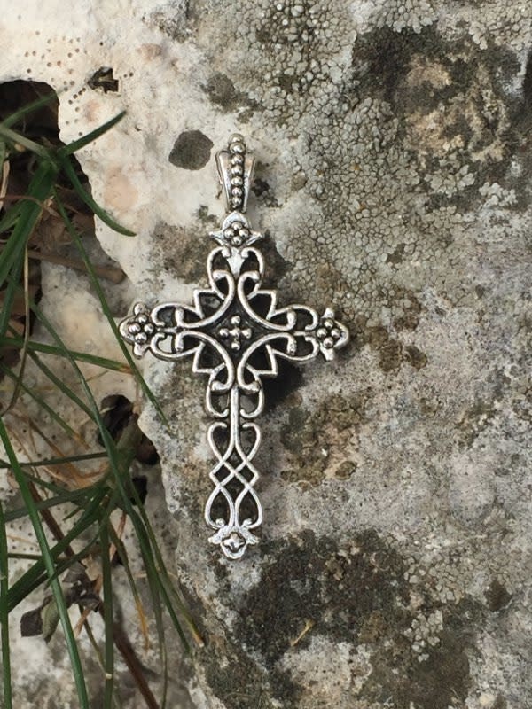 Fleur De Lis Metal Cross Pendant w/cord