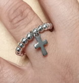 Silver Beaded Ring w/Cross Charm