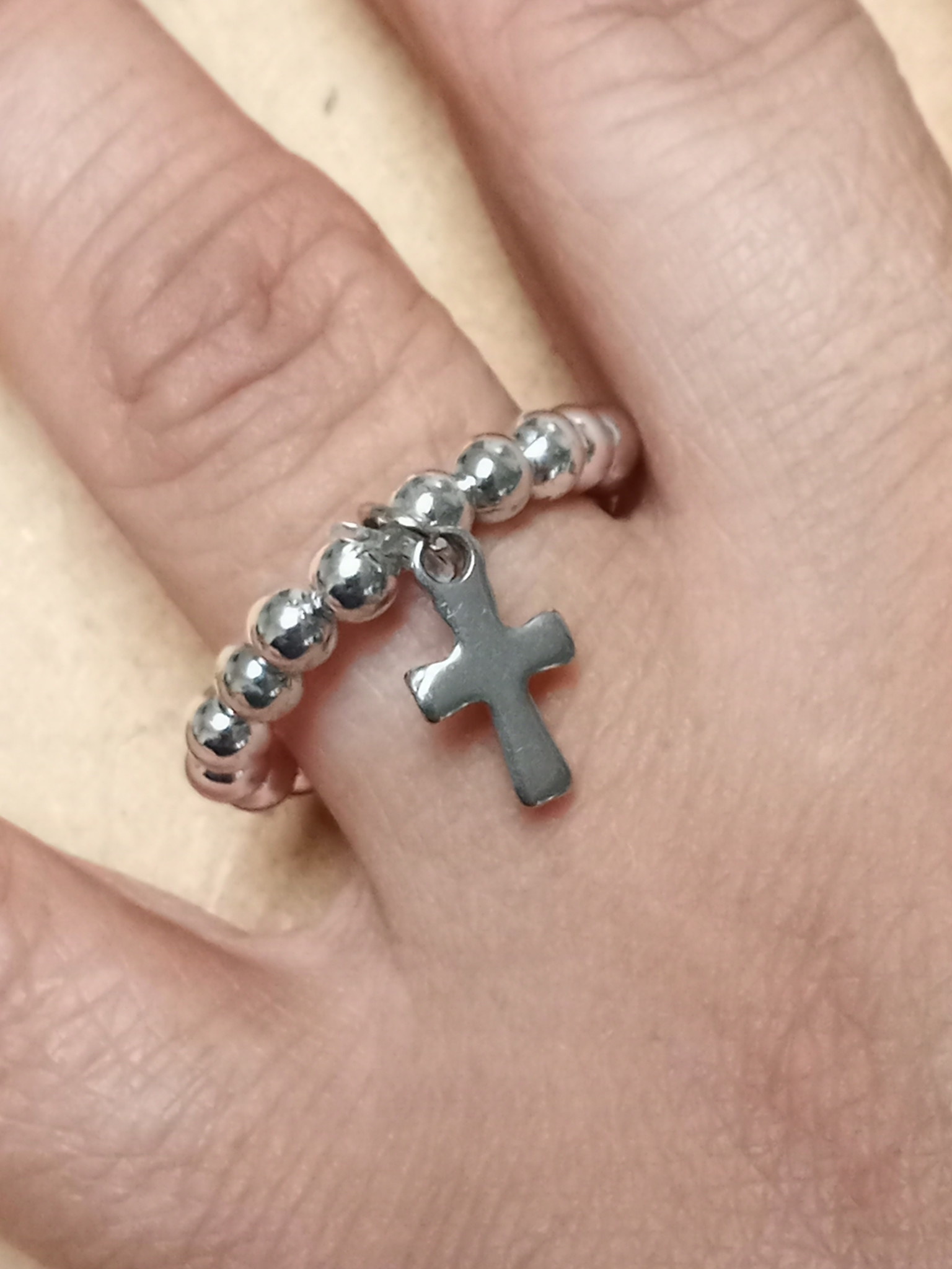 Silver Beaded Ring w/Cross Charm