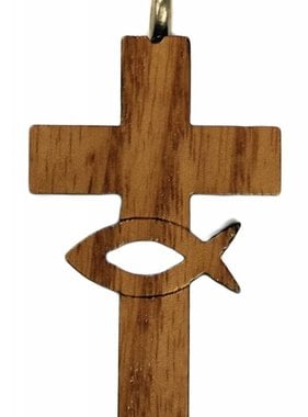 Wood Cut-Out Ichthus in Cross w/Cord