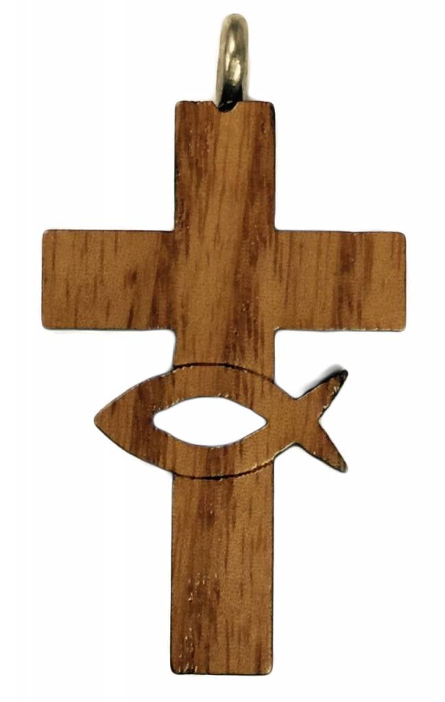 Wood Cut-Out Ichthus in Cross w/Cord