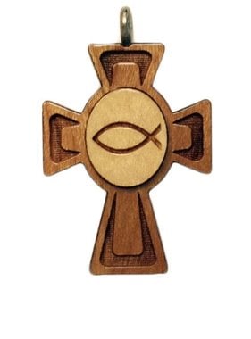 Ichthus in Circle Inlay Wood Cross w/Cord