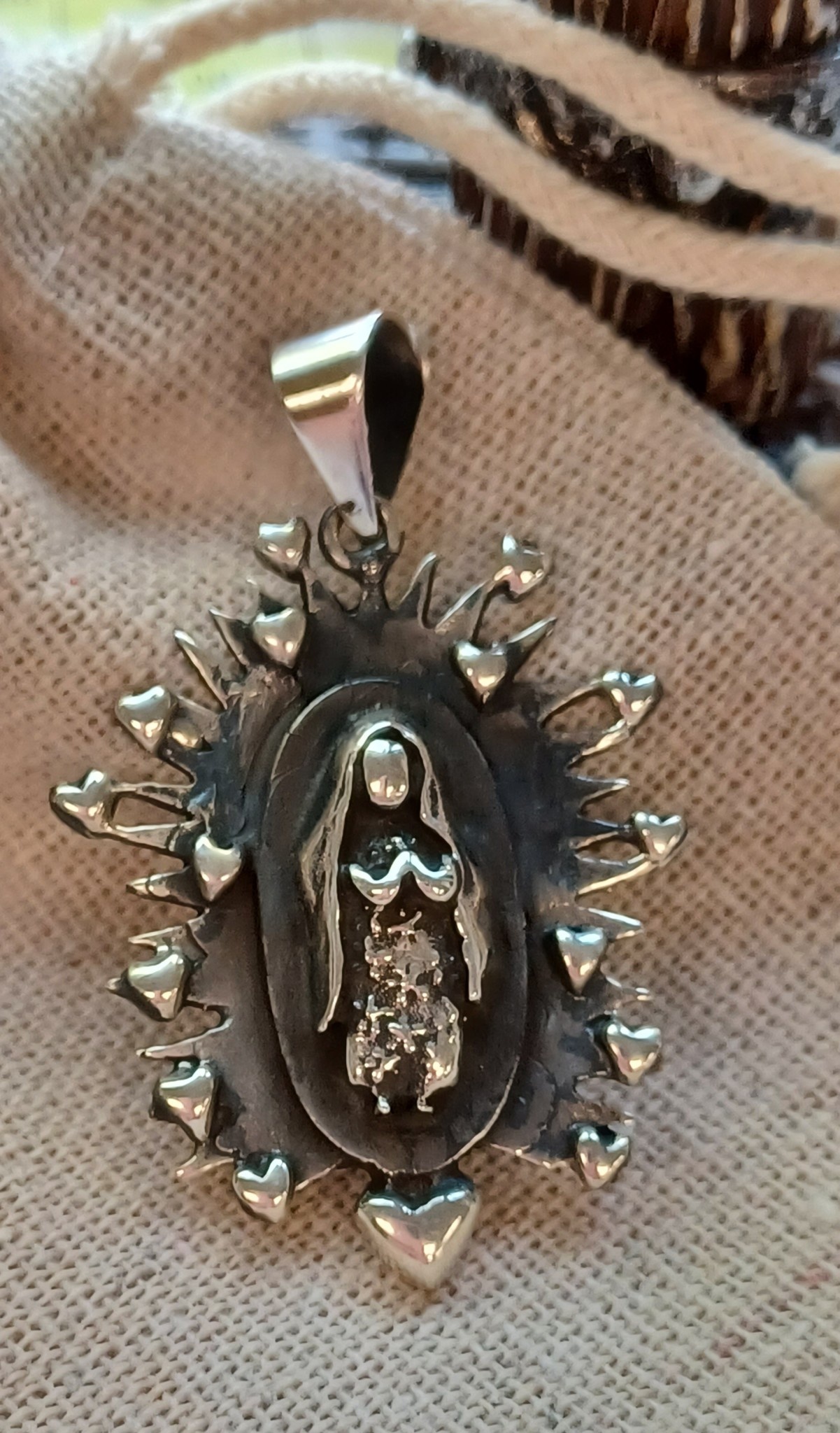 Virgen De Guadalupe Sterling Silver Pendant w/Hearts
