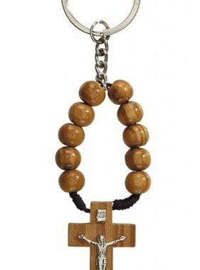 One Decade Wood Bead Rosary Keychain