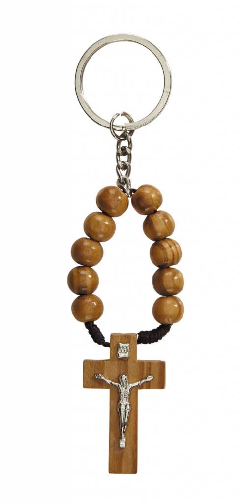 One Decade Wood Bead Rosary Keychain