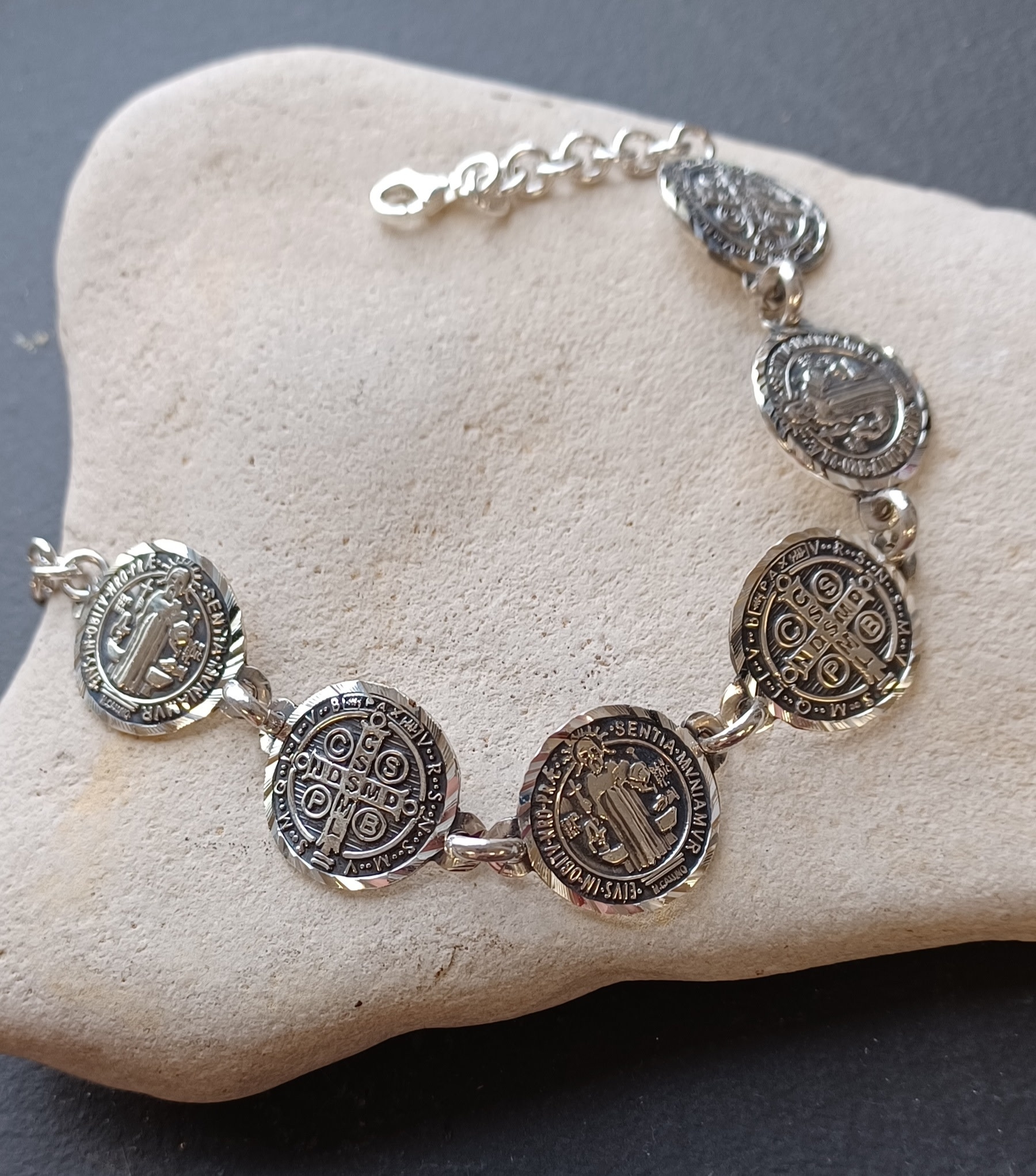 Large St Benedict Medal Sterling Silver Bracelet Diamond Cut