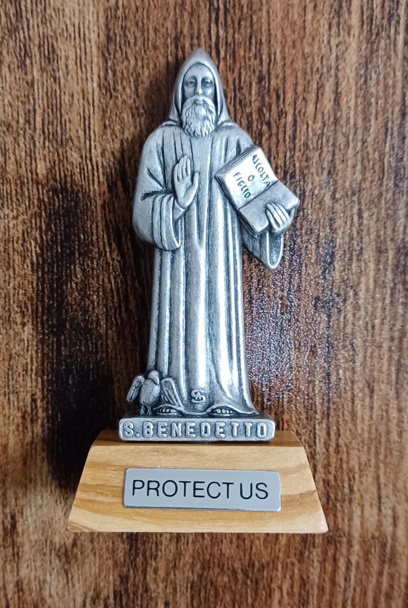 2.75" St Benedict Pewter Statue with Olivewood Base