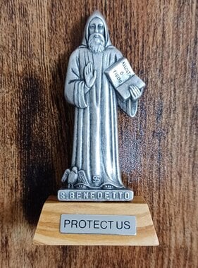 2.75" St Benedict Pewter Statue with Olivewood Base