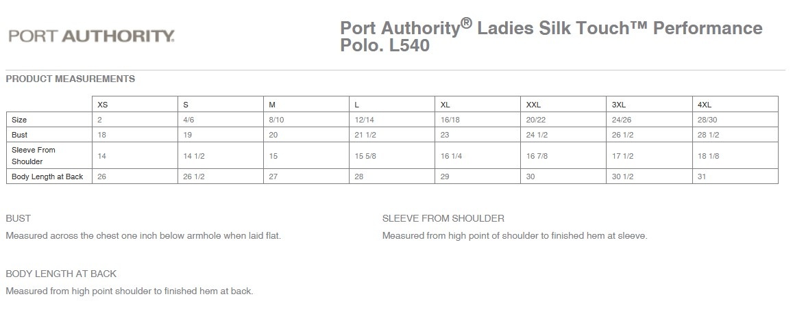 Size Chart for Women's Polos
