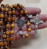 St Benedict Wood Bead Rosary w/metal crucifix