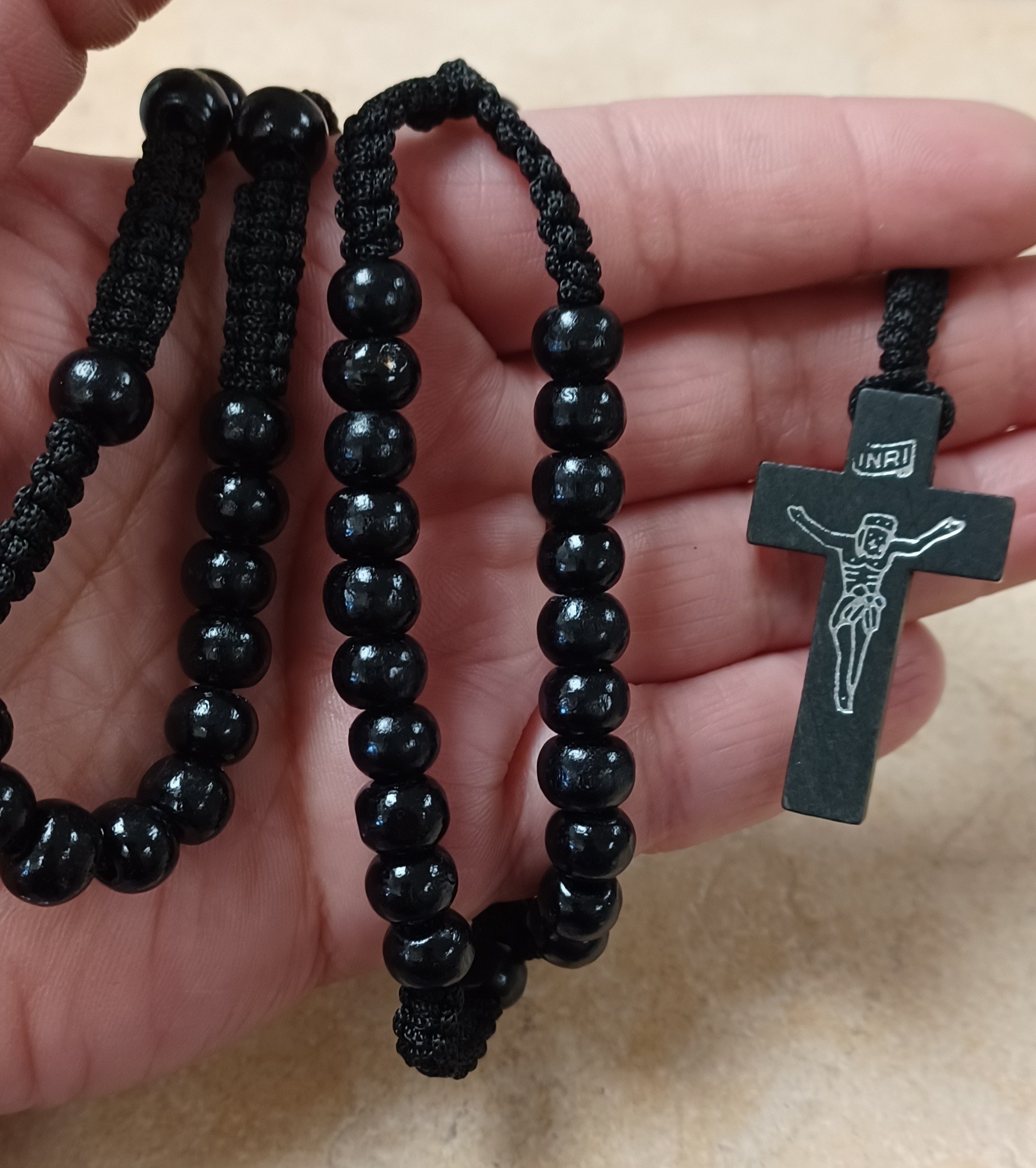 Black Wood Bead Corded Rosary