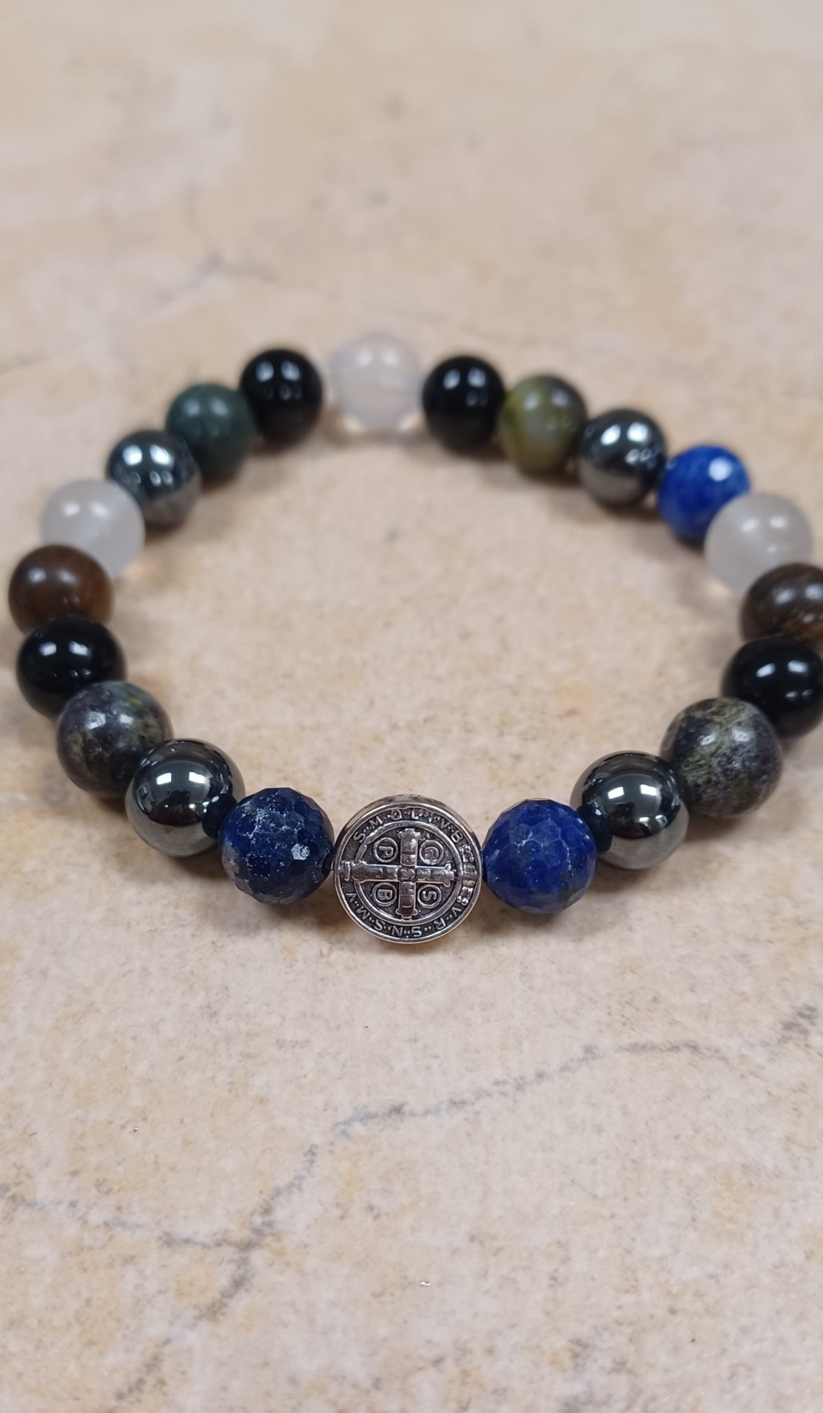 Assorted Natural Stones St Benedict Beaded Bracelet