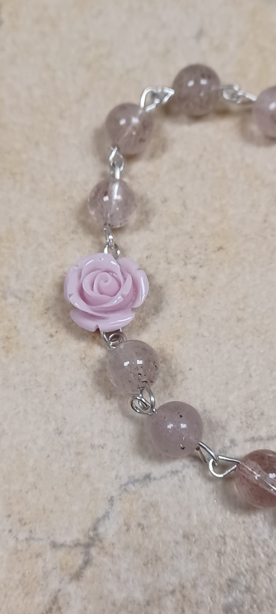 Strawberry Quartz Stone w/Roses Rosary Bracelet