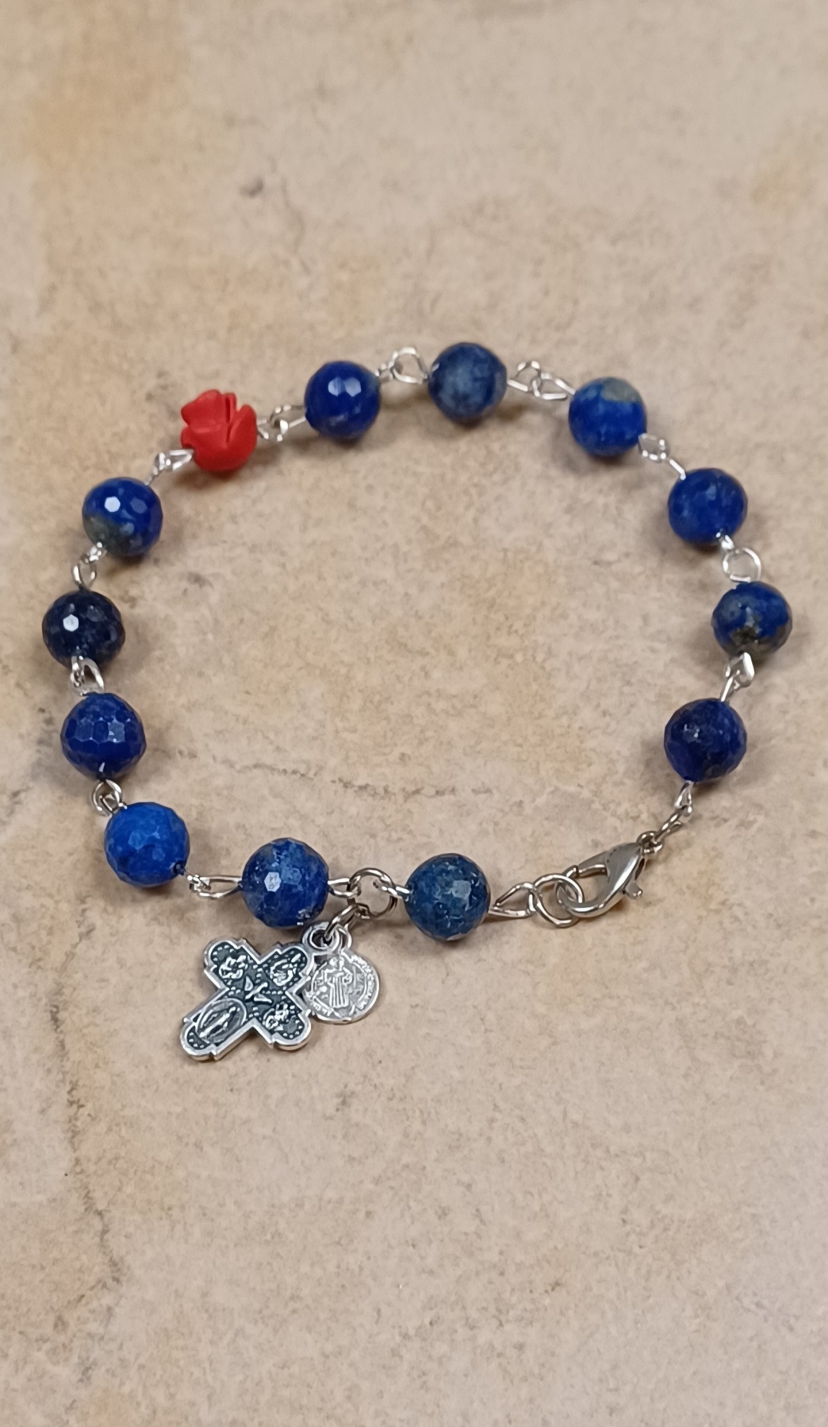 Lapis Bead w/Red Rose Rosary Bracelet