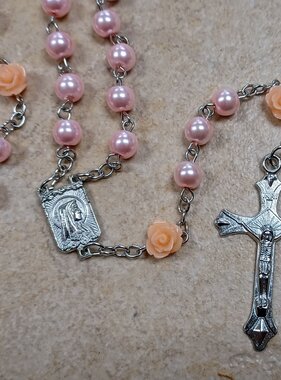 Our Lady of Lourdes Pink Pearl Rosary w/Roses