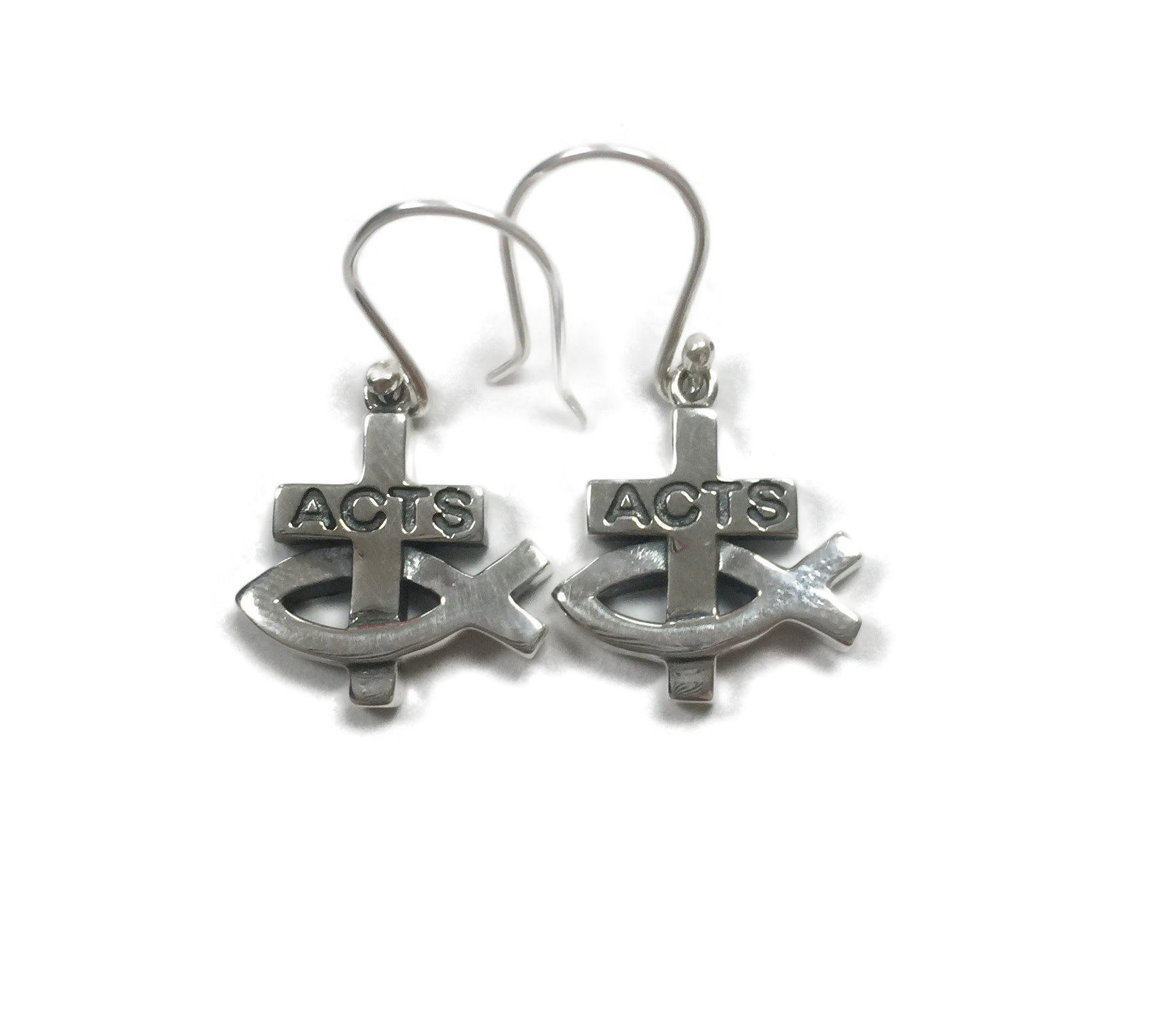 ACTS Sterling Silver Fish Cross Earrings