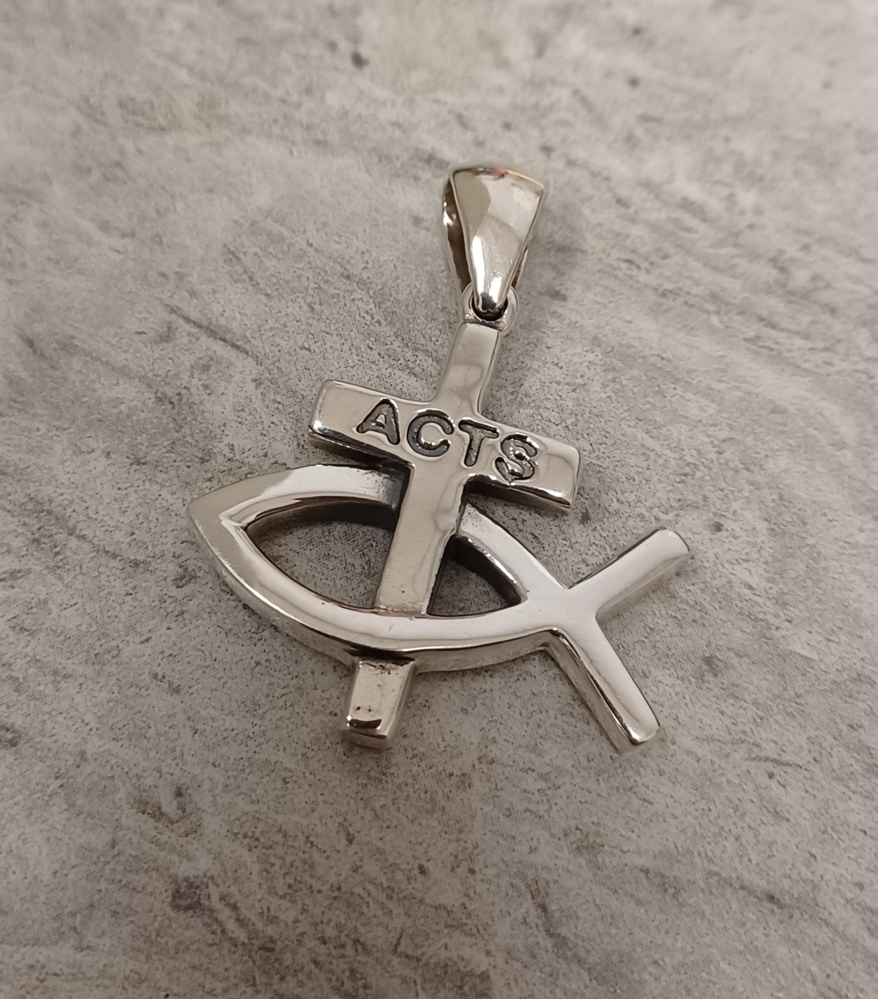 ACTS Large Fish Cross Sterling Silver Pendant