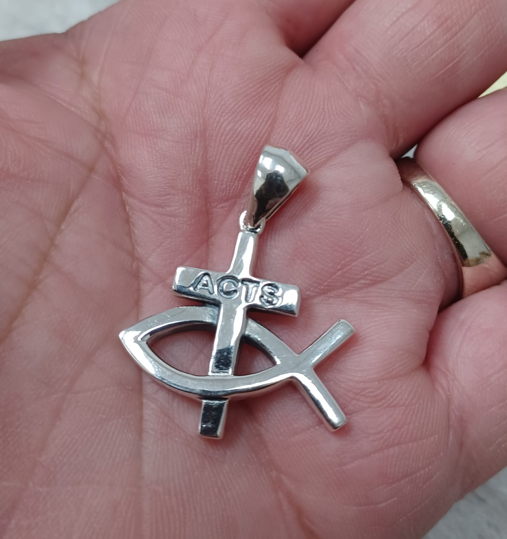 ACTS Large Fish Cross Sterling Silver Pendant