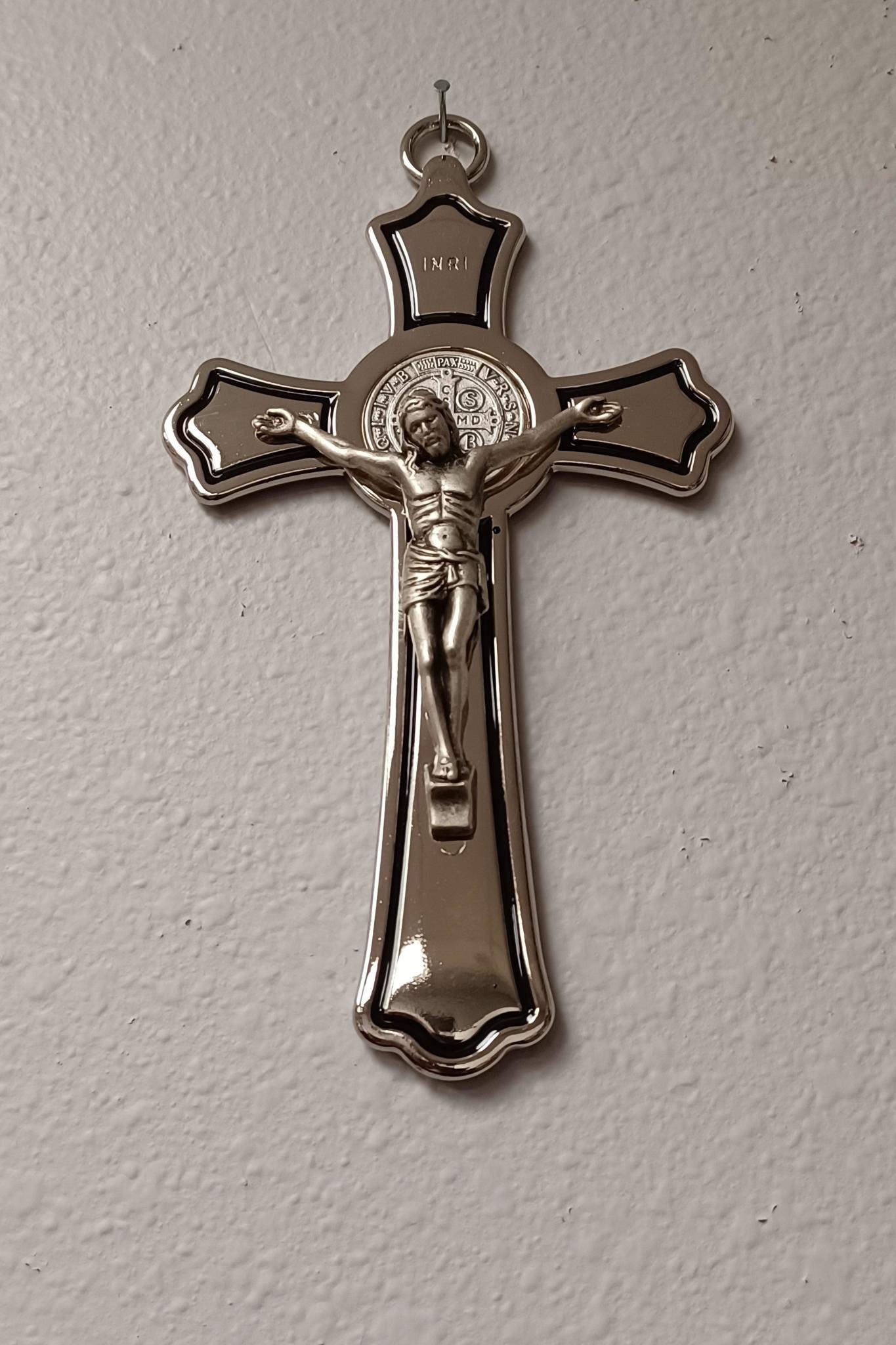 St Benedict Silver Tone Wall Crucifix 8"
