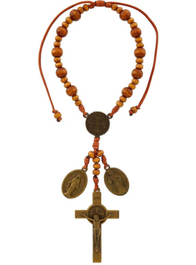 St Benedict Wood Bead Auto Rosary
