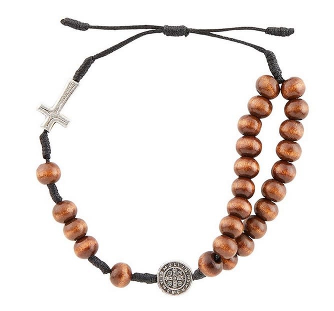 St Benedict Y-Style Wood Bead Rosary Bracelet