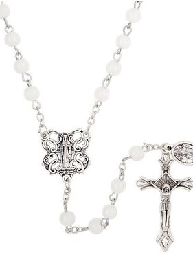 Mary and St. Michael White Glass Bead Rosary