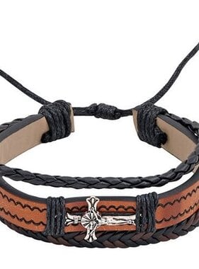 Brown Faux Leather Crucifix Bracelet