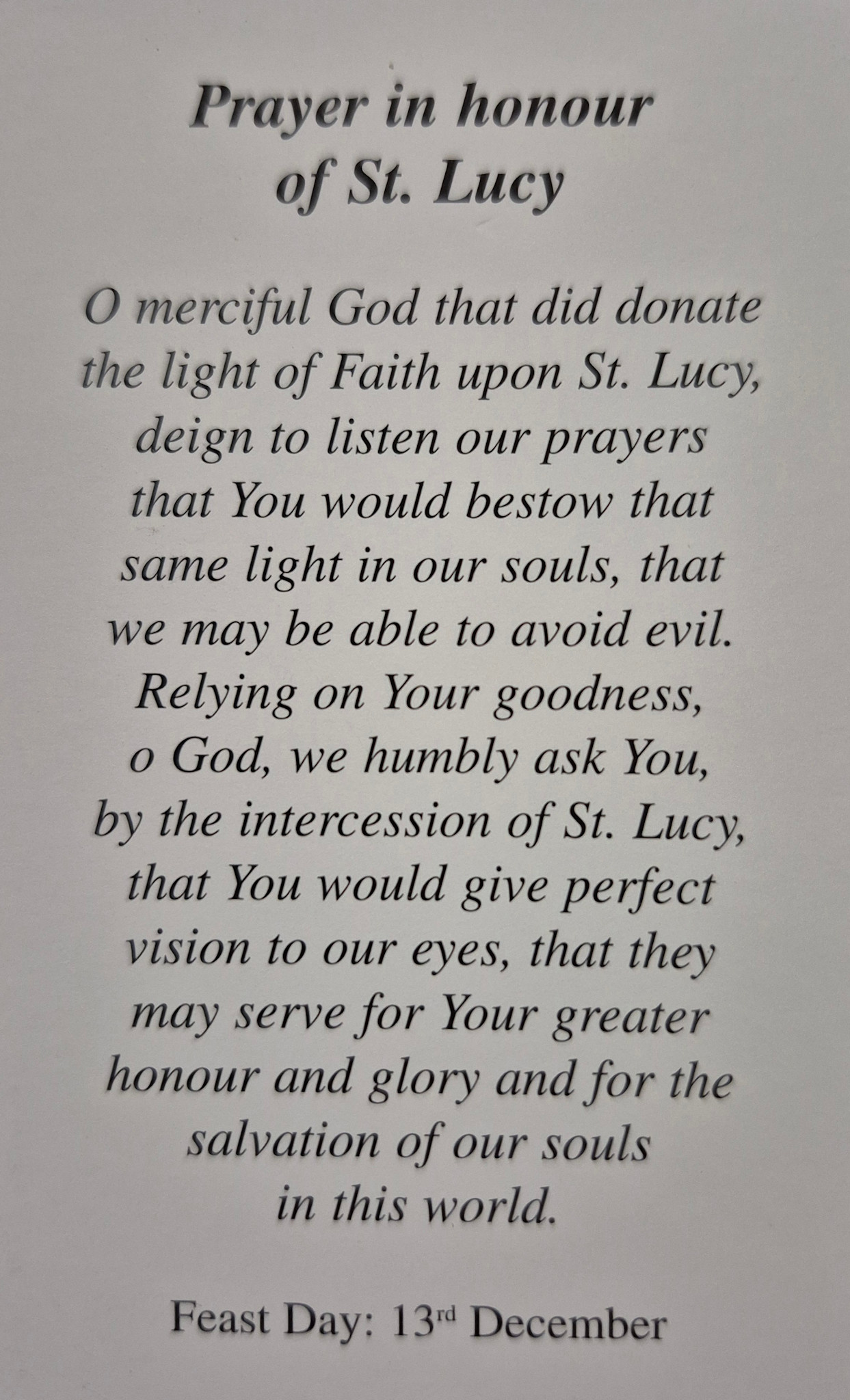 Prayer in honour of St Lucy