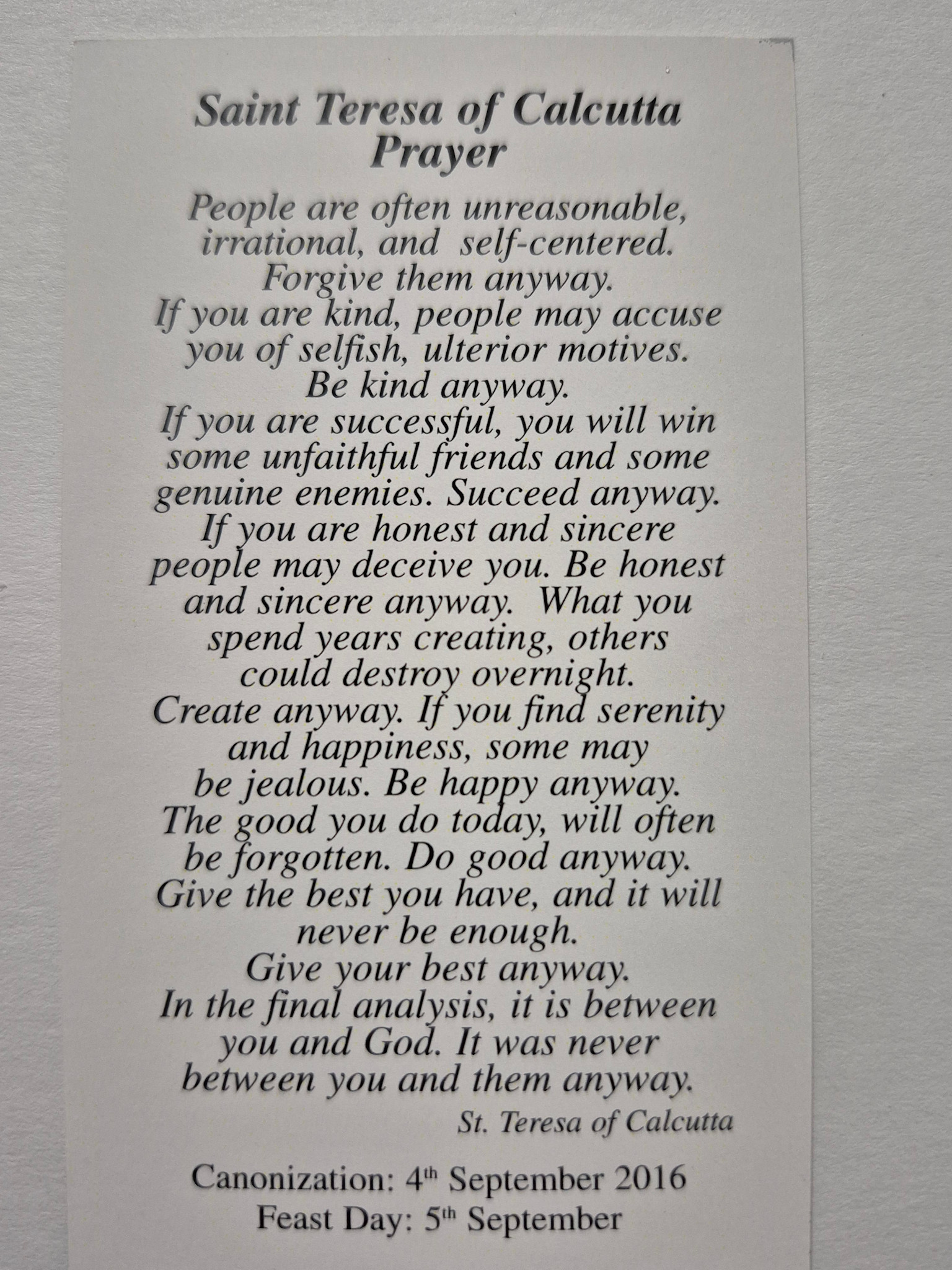 Saint Teresa of Calcutta Prayer