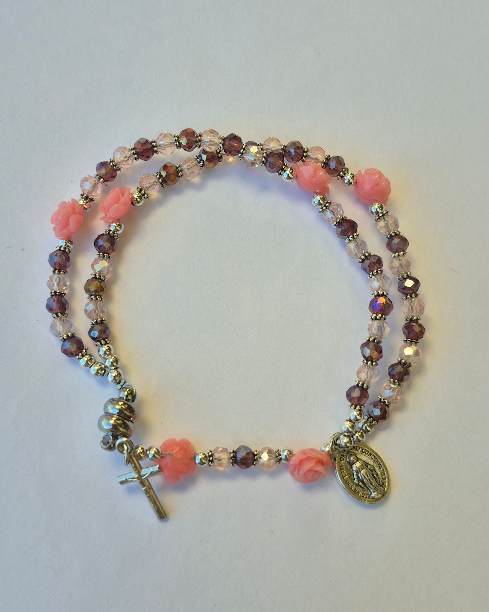 Miraculous Mother Pink Rose Rosary Bracelet