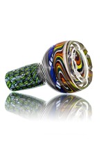 Mystic Family Glass Four Section Cold Cut 14mm Glass Bowl Slide w/ Blue Ribbon Coil by Mystic Family Glass