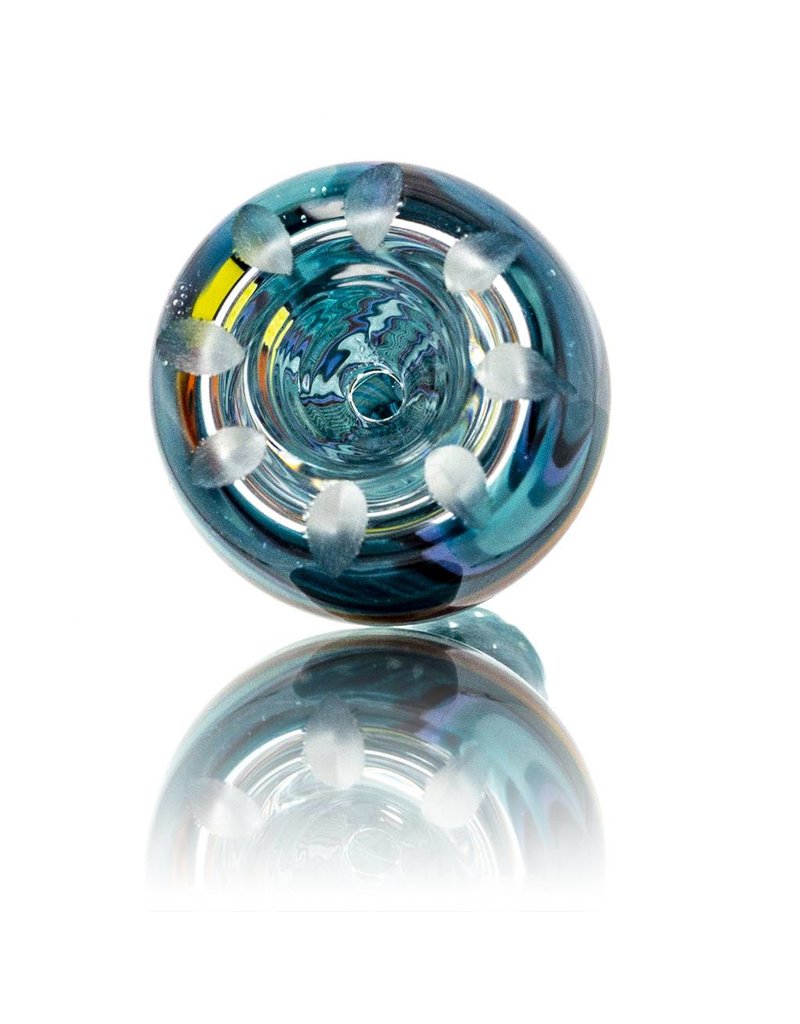 Mystic Family Glass Four Section Blue Cold Cut 14mm Glass Bowl Slide w/ Color Wig Wag by Mystic Family Glass