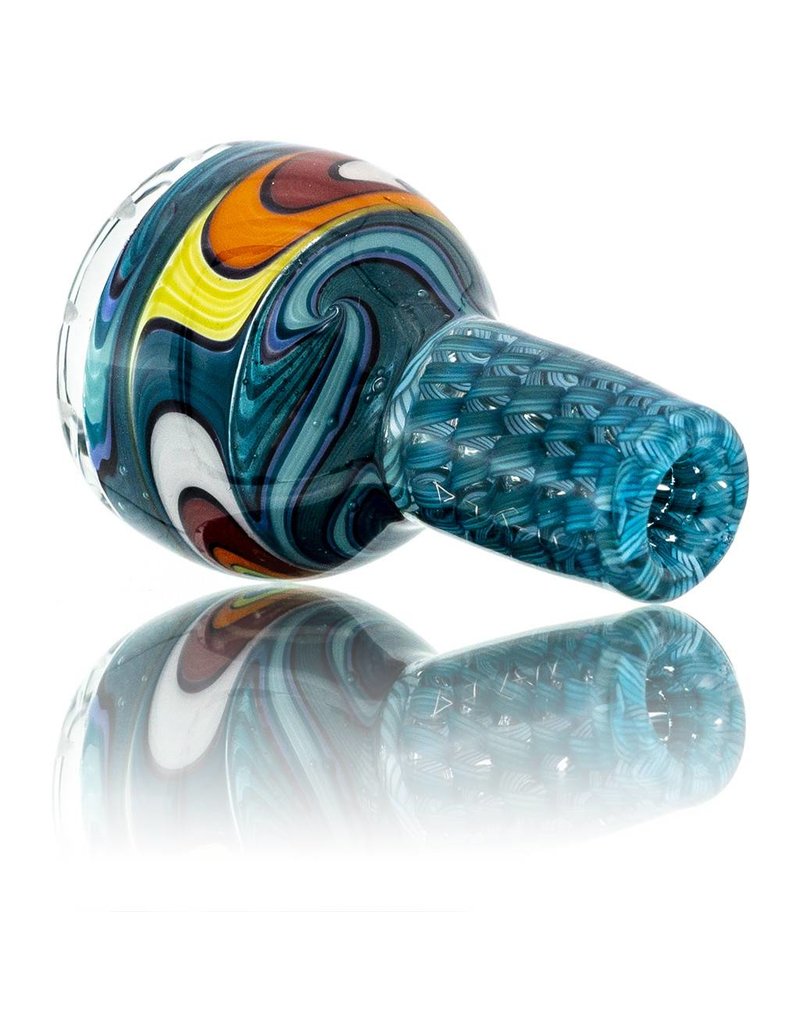 Mystic Family Glass Four Section Blue Cold Cut 14mm Glass Bowl Slide w/ Color Wig Wag by Mystic Family Glass