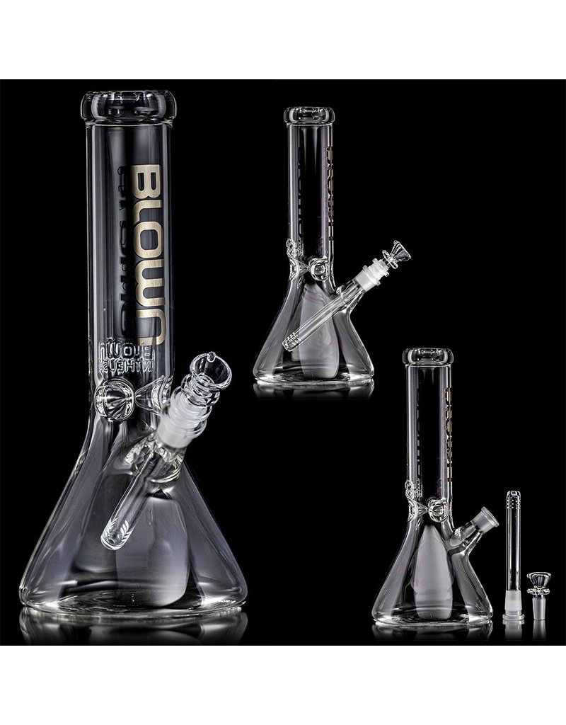 12" 50x5mm Beaker Bong with SILVER FOIL Logo Accent, removable downstem and slide by BLOWN Glass Goods