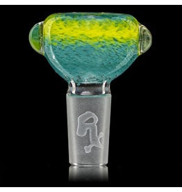 14mm Bong Bowl Slide Piece (Q) AQUA and CANARY Inside Out Colored Frit by Chris Anton