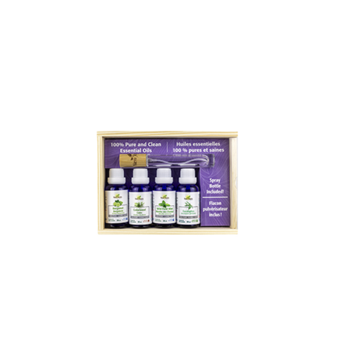 Coffret cadeau 4 huiles essentielles et mini pulvérisateur